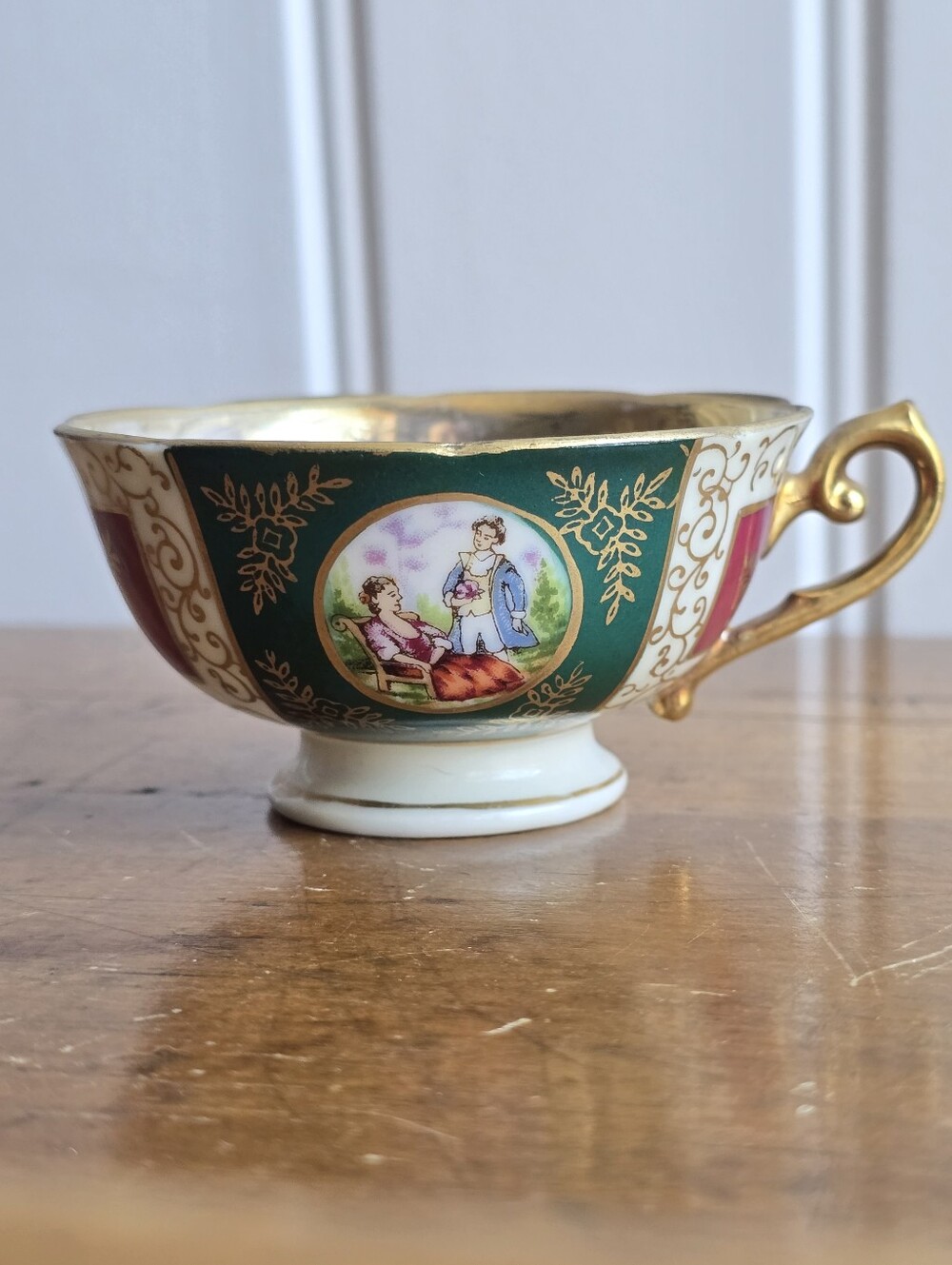 Vintage Novax Luxembourg Armorial Souvenir Teacup Gilt Courting Couple Scene